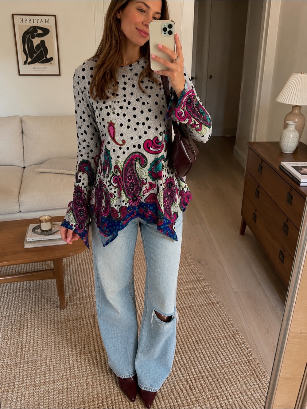 Orange Fashion Village Boho Paisley Polka Dot Tunic Top Asymmetrical Hem Y2K